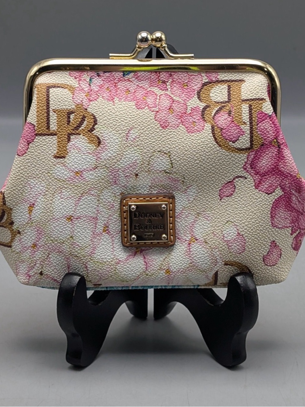 Dooney & Bourke Pink Floral Kiss-Lock Coin Purse with Gold Frame